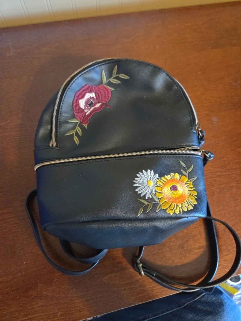 Black Floral Embroidered Mini Backpack